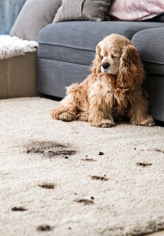 pet dog on dirty carpet